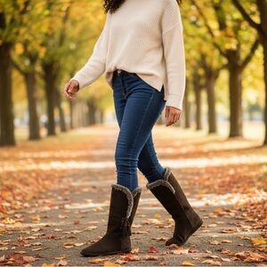 STUART WEITZMAN Suede Fleece Lined Tassel Winter Boots Brown